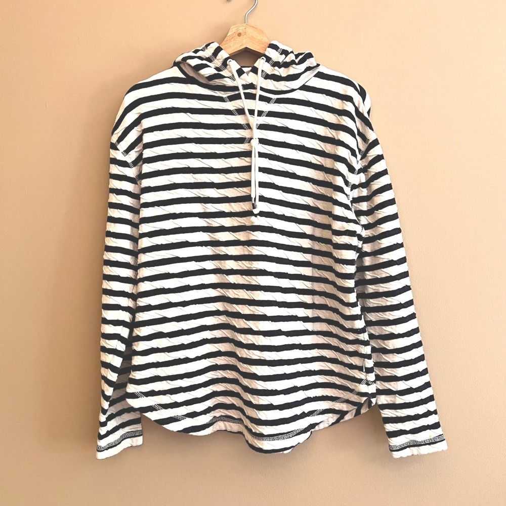 Eddie Bauer Womens Navy Blue White Striped Textured Cotton Hoodie Nautical Large